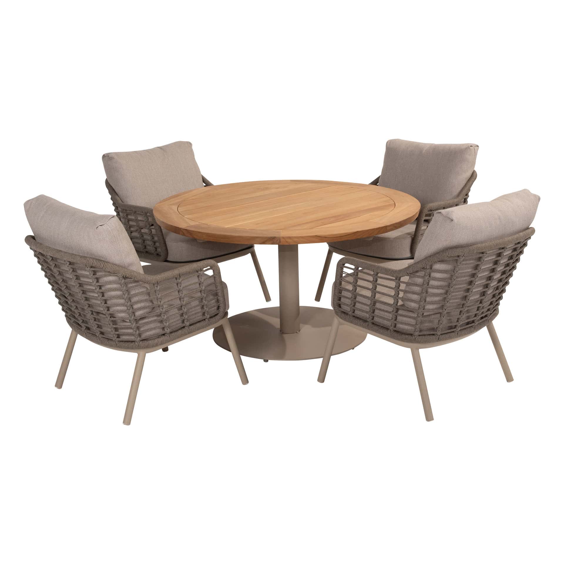 Taste 4SO Puglia low dining stoel + Saba low dining teak tafel 130 Ø cm latte