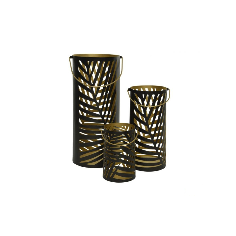 Lifestyle set van 3 Windlicht metaal L20-W20-H44.5cm - zwart/goud