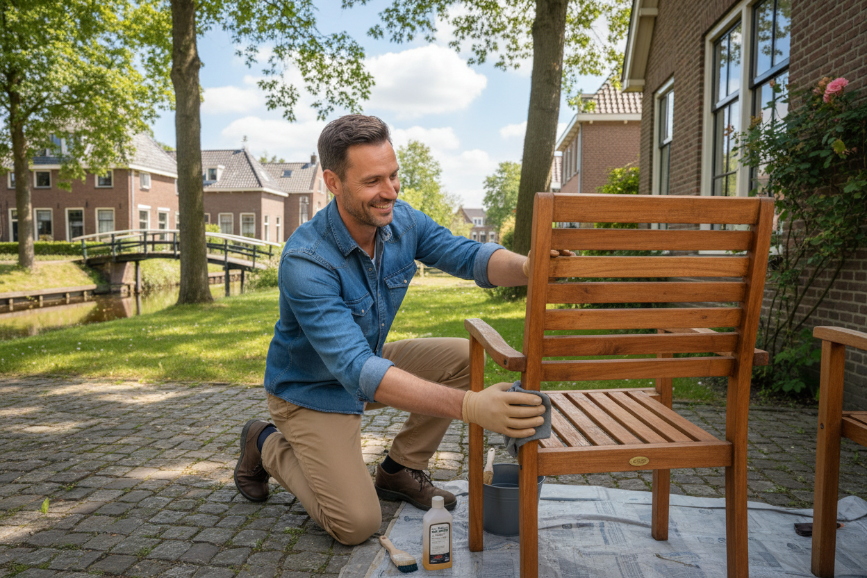 lachende man van rond de 35 jaar die zijn tuinmeubelen aan het onderhouden is
