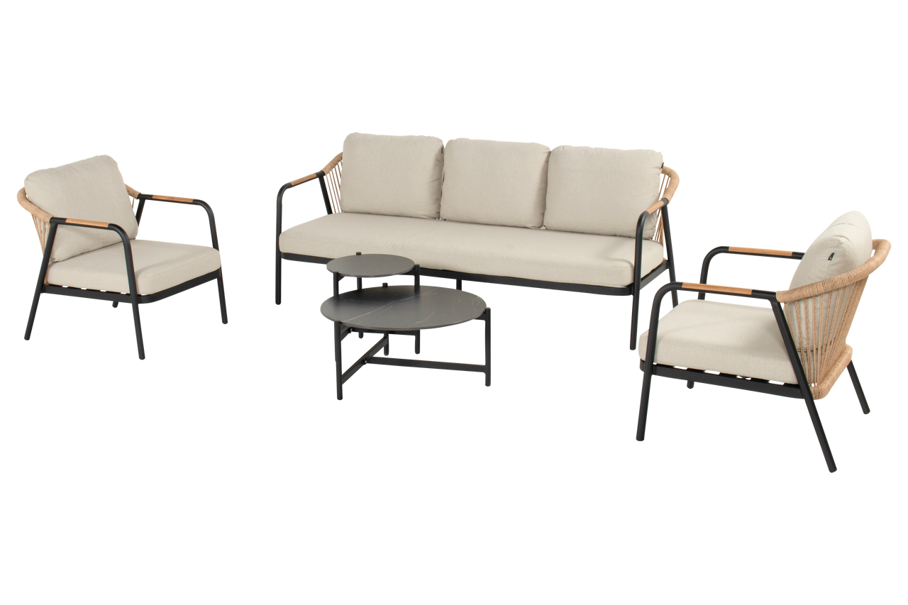 Hartman Nice loungeset, 2 loungestoelen met 3 zits bank en 2 koffietafels. zwart frame met wicker, kussens