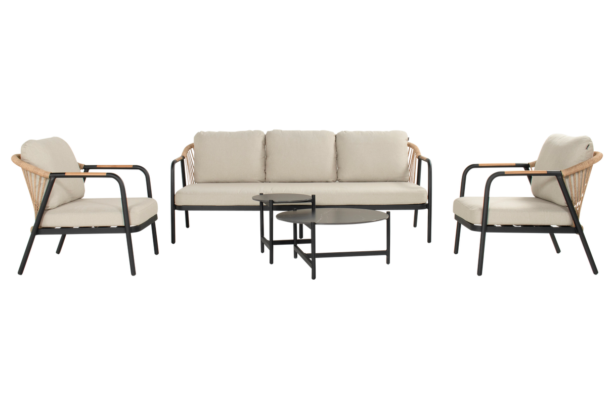 Hartman Nice loungeset, 2 loungestoelen met 3 zits bank en 2 koffietafels. zwart frame met wicker, kussens