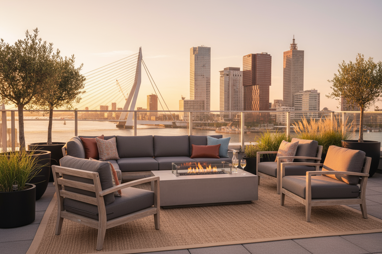 maak een afbeelding van een loungeset in Rotterdam met skyline
