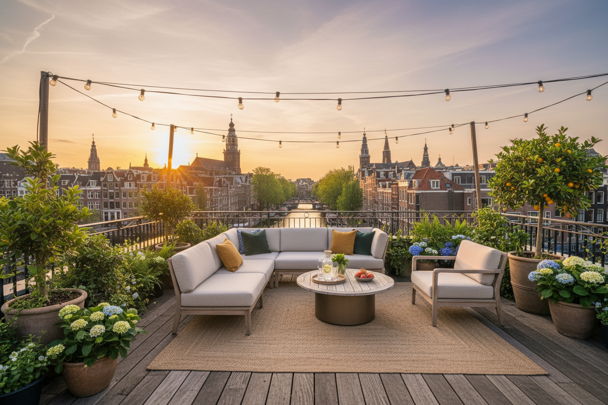 maak een banner van een loungeset op een amsterdams dakterras