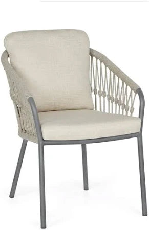 Suns Nappa dining stoel MRG frame en camel sand rope knot weaving met naturel gravel kussens