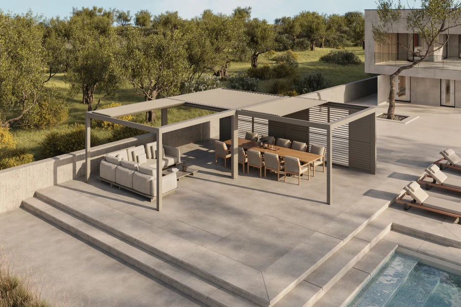 Suns Luxe gazebo with elec. retractable roof 365 x 365 x 250 cm, incl. LED light Camel Sand