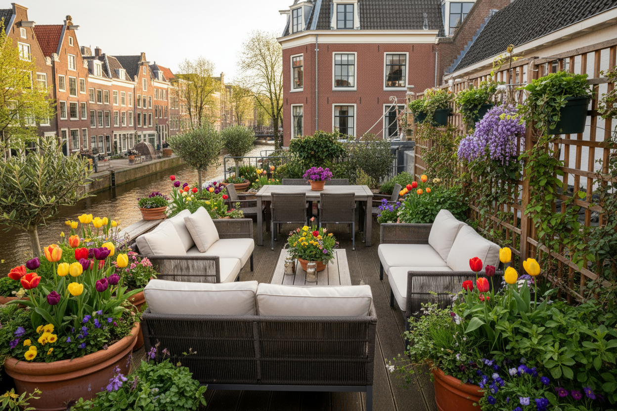 Upload foto van stijlvolle stadstuin of dakterras met tuinmeubelen in amsterdam