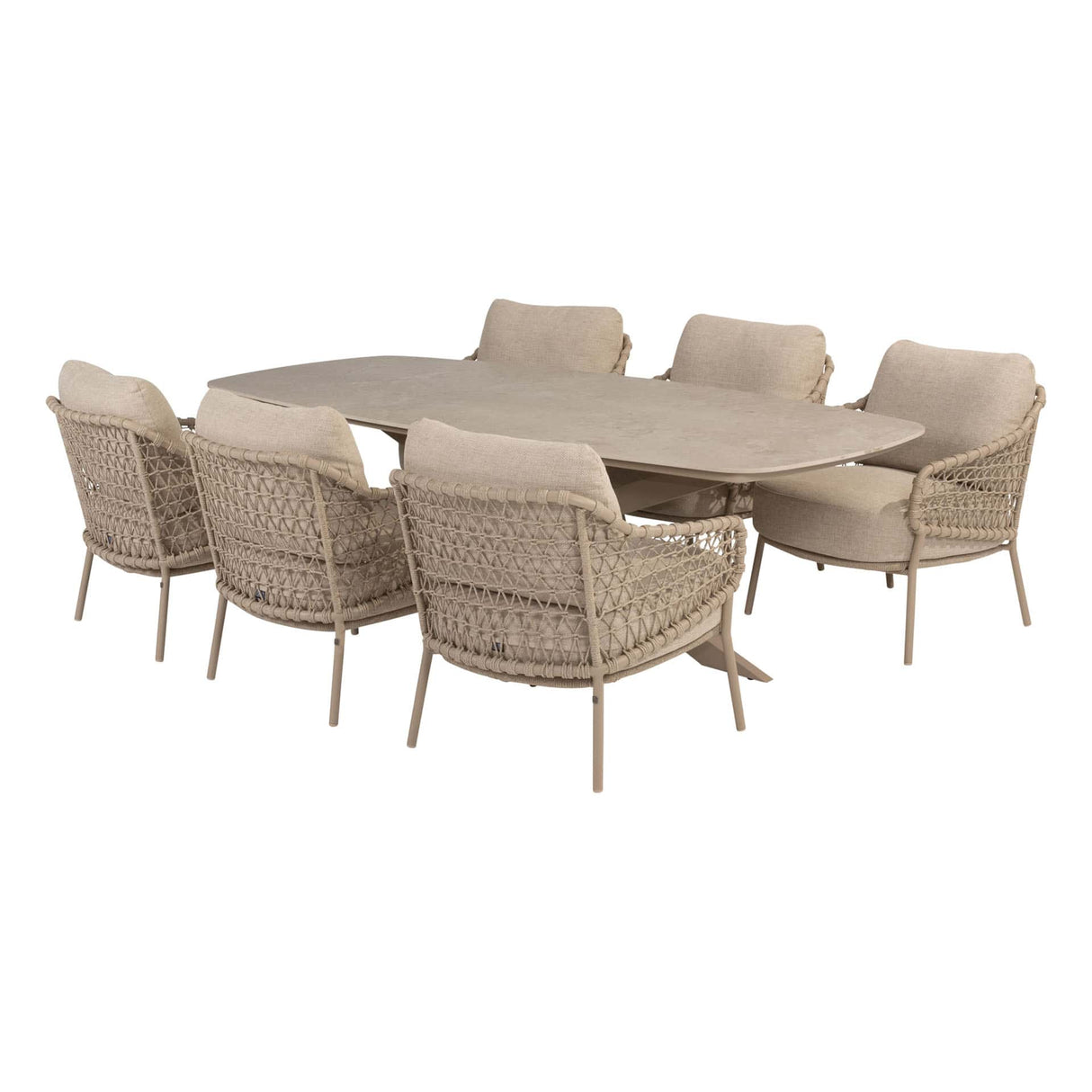 4 Seasons Outdoor Sardinia low dining stoel + Nevada low dining tafel barrel-vorm 250 cm latte