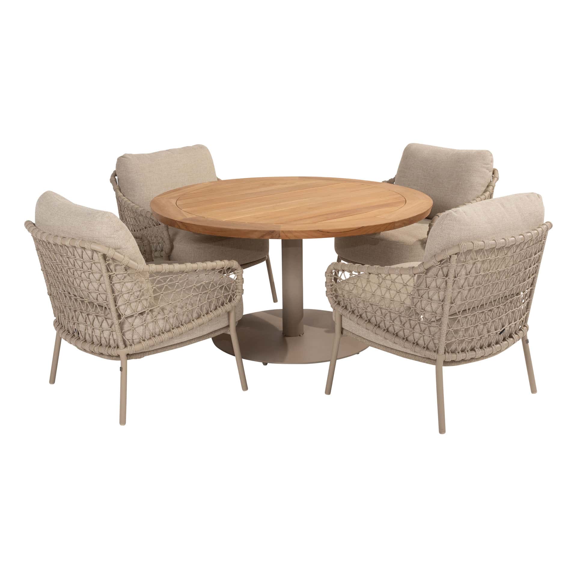 4 Seasons Outdoor Sardinia low dining stoel + Taste 4SO Saba low dining teak tafel 130 Ø cm latte