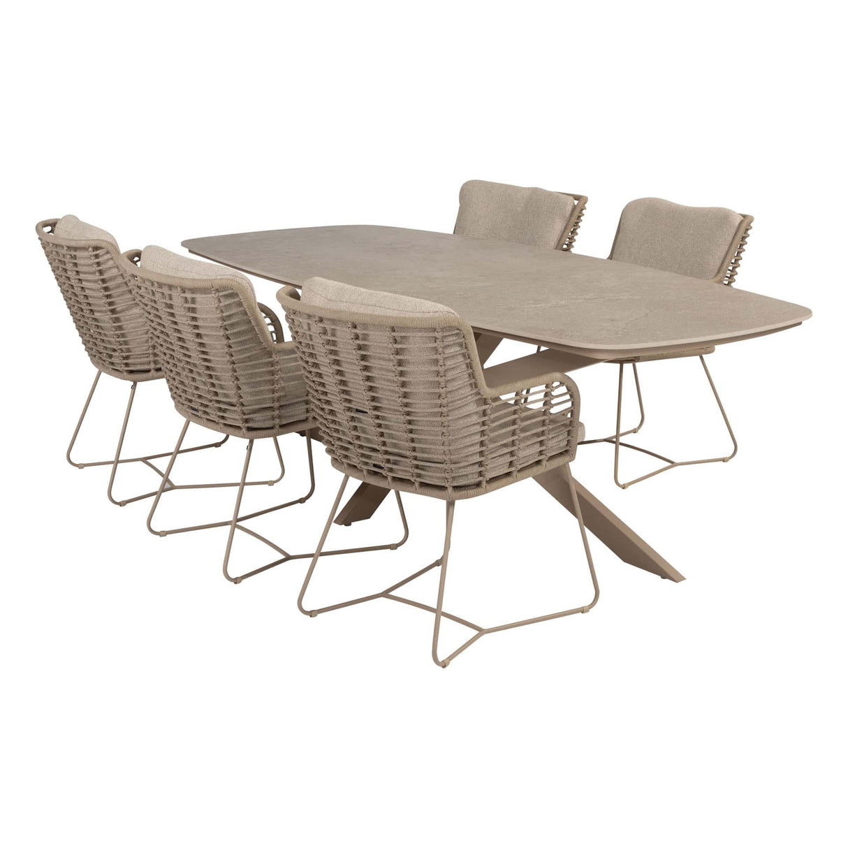 4 Seasons Outdoor Fabrice dining stoel latte + Taste 4SO Prado tafel met keramisch tafelblad barrel latte 240 cm