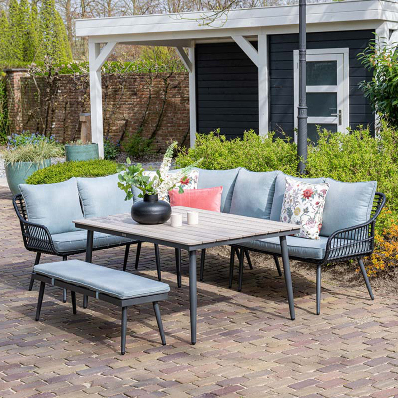 Garden Impressions Margriet lounge-diningset 6-delig black rotan, mint groene kussens, carbon black frame