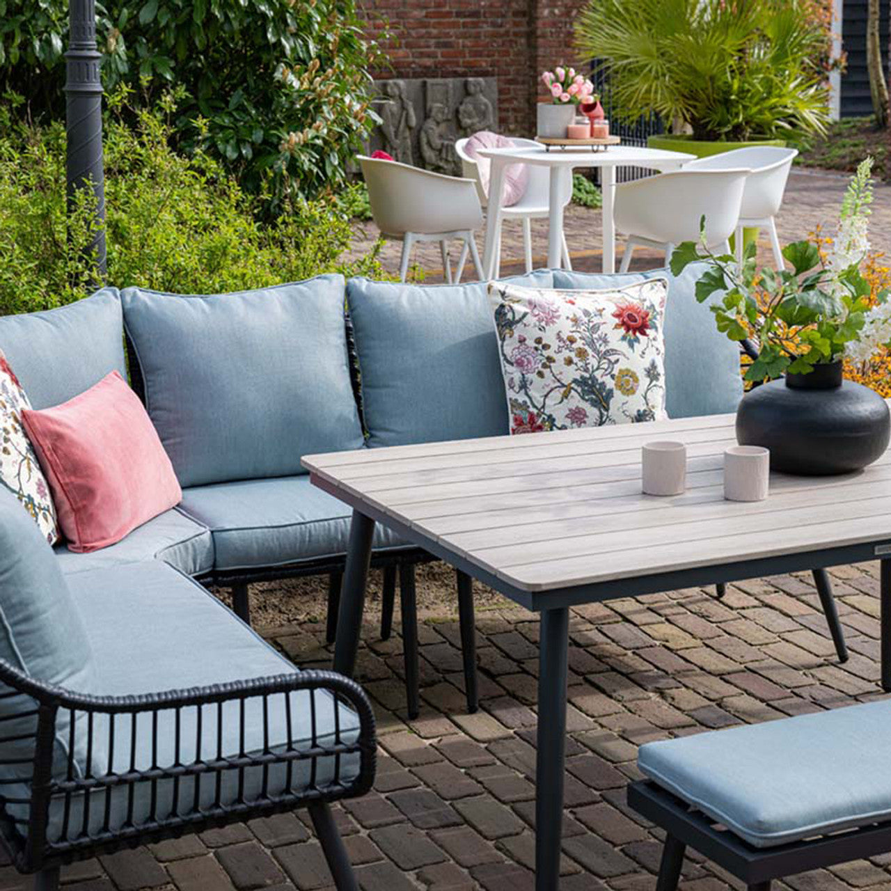 Garden Impressions Margriet lounge-diningset 6-delig black rotan, mint groene kussens, carbon black frame