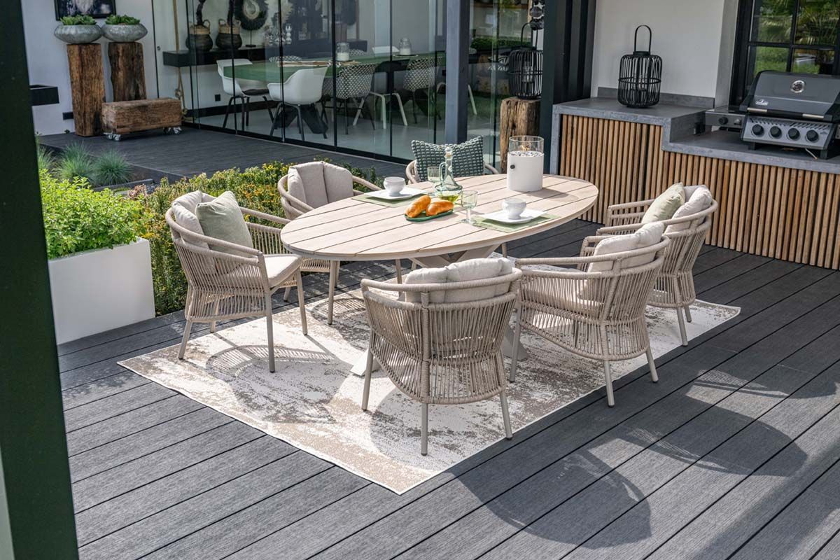 Garden Impressions Edison dining tafel ovaal 280x140xH75cm light teak polywood blad, taupe frame