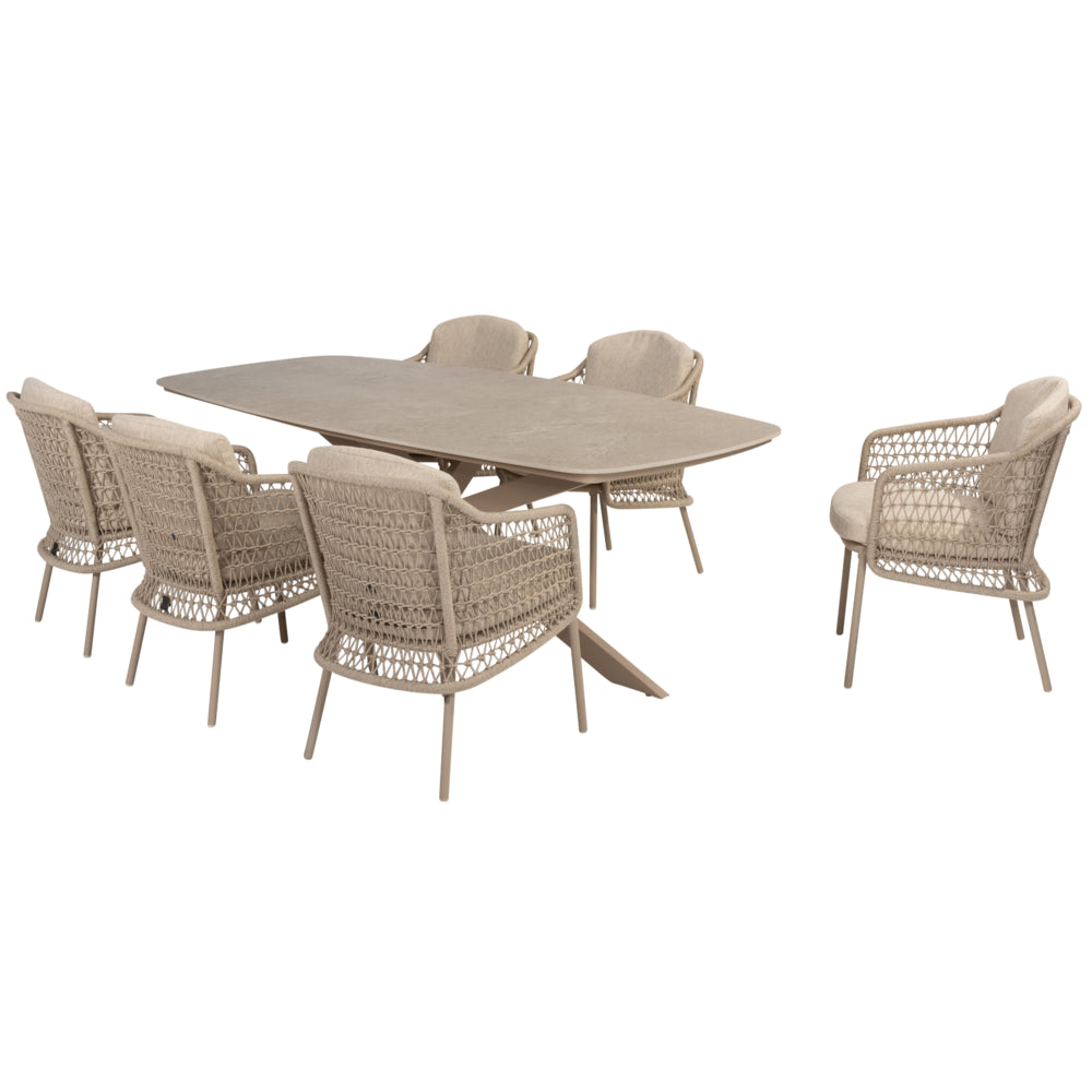4 Seasons Outdoor Prado Puccini barrel dining tuinset 7 delig 240x105xH75 cm keramiek latte 4 Seasons Outdoor