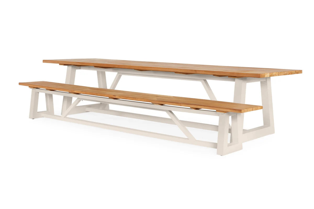 Suns Ovada tafel 340x100 cm naturel teak blad camel sand onderstel