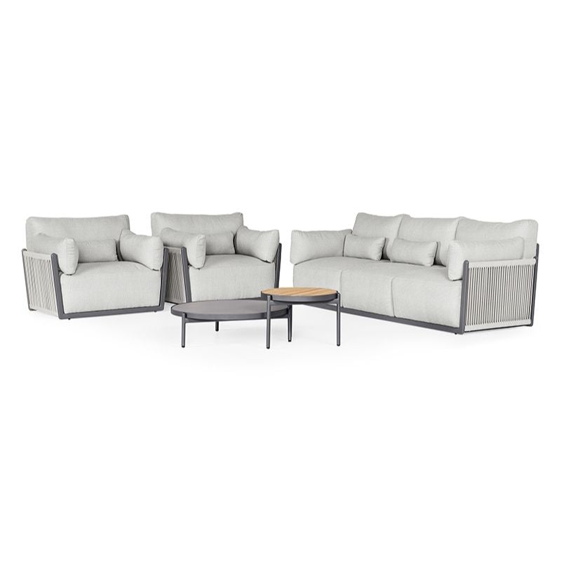 Suns Sorrento Sofa set Mat royal grey frame incl. 1x bank en 2x fauteuil + tafelset - Soft grey mixed weave kussens