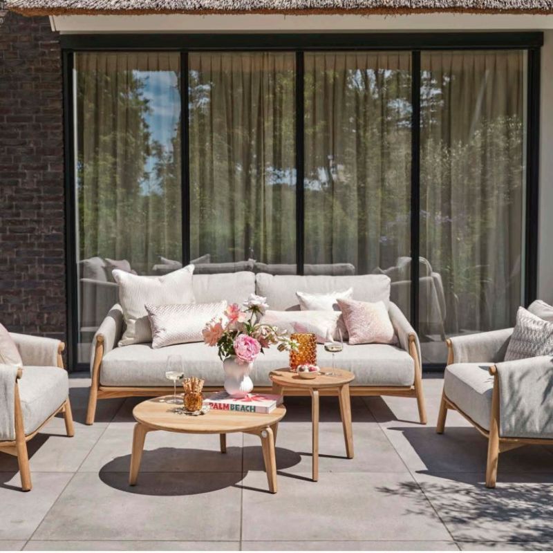 SUNS Bellano 3 delige set 2x Lounge stoel 1x 3 zits Lounge bank naturel new teak naturel gravel kussens