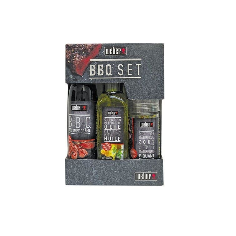 WeberBBQ SET TRIO Evoo met Citroen en Peterselie 125ml / BBQ Gourm. Cr. 150ml / Kruidenzout 80g