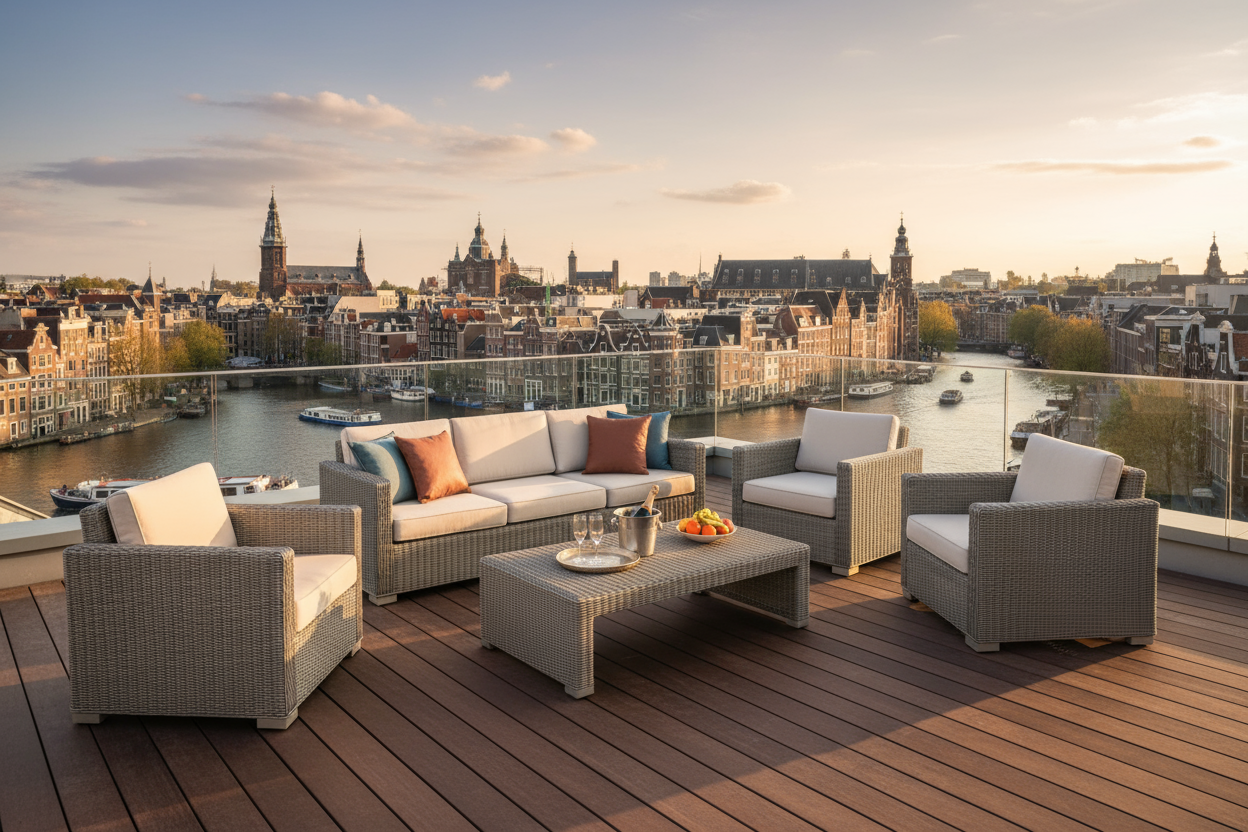 Sardinia loungeset van 4 seasons outdoor op een dakterras ergens in Amsterdam. Herkenbare punten van Amsterdam op de achtergrond. 