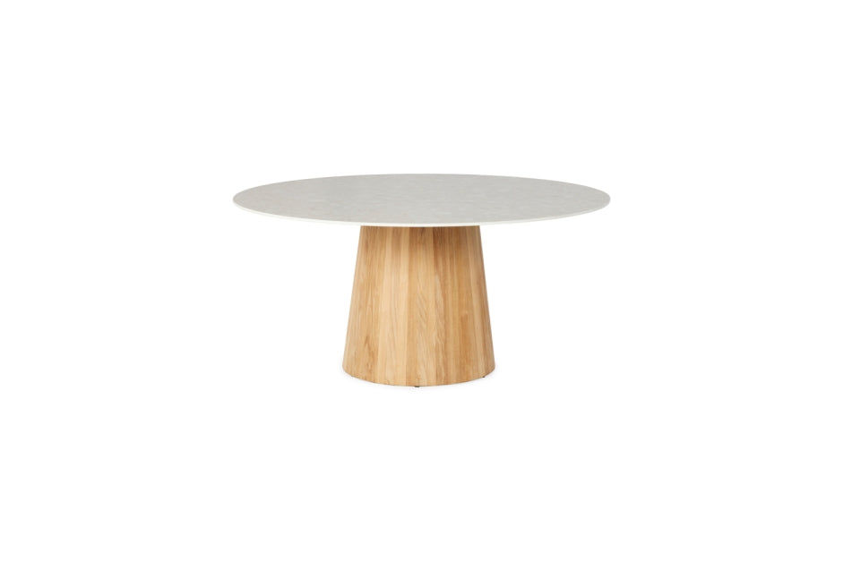 Suns Sorolo low dining tafel Ø160cm, teak base-terazzo light taupe neolith blad